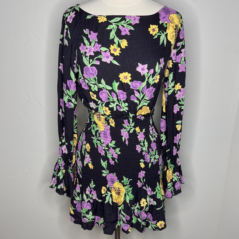 Urban Outfitters Leandra Smocked Black Floral Long Sleeve Floral Mini Dress
